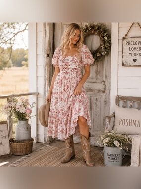 Jessica Simpson White Midi Dress with Pink Floral Print